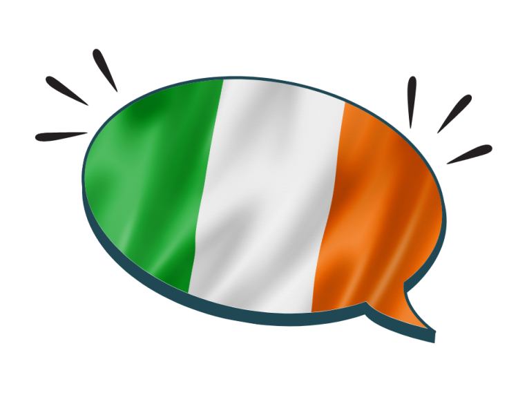 A speech bubble with the Irish flag inside it.
