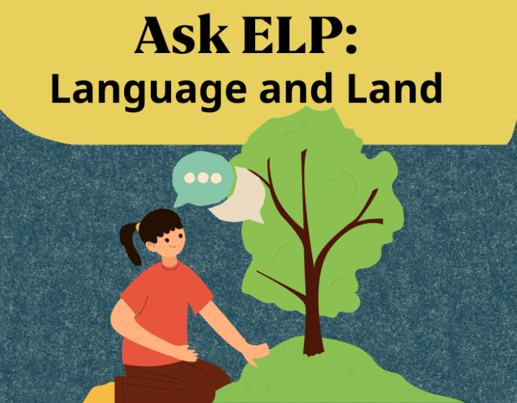 Cartoon of a woman kneeling by a tree and placing her hand on the roots. There is a speech bubble from the woman and the tree.