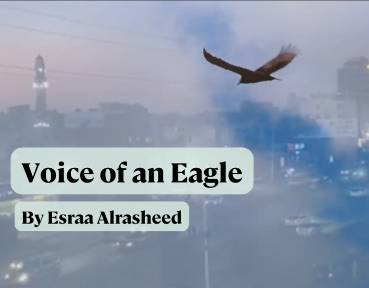 Photo of an eagle flying over a smoky city, with text "Voice of an Eagle by Esraa Alrasheed"