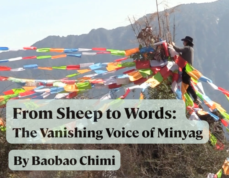 A photo of a young man hanging colorful Tibetan prayer flags on a tall pole, in front of a mountain. Text "From Sheep to Words: The Vanishing Voice of Minyag, by Baobao Chimi" is at the bottom.