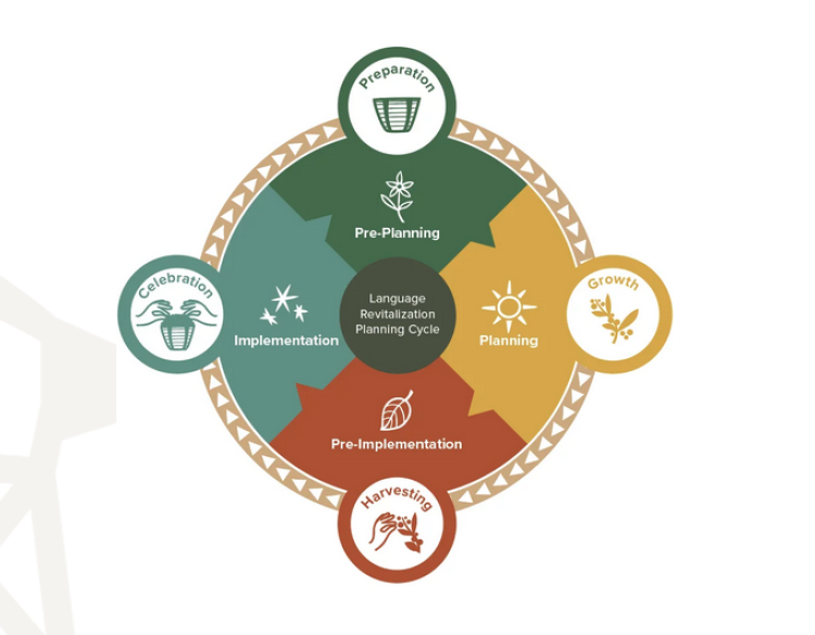 A graphic showing four stages (seasons) of language planning: Spring (pre-planning), summer (planning), autumn (pre-implementation), and winter (implementation). 