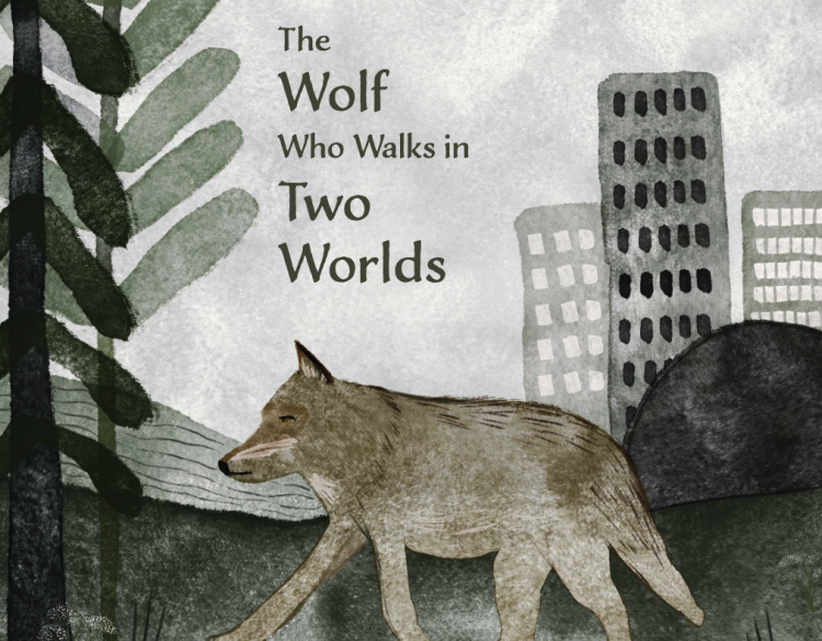 A watercolor illustration of a wolf walking between a forest and a city