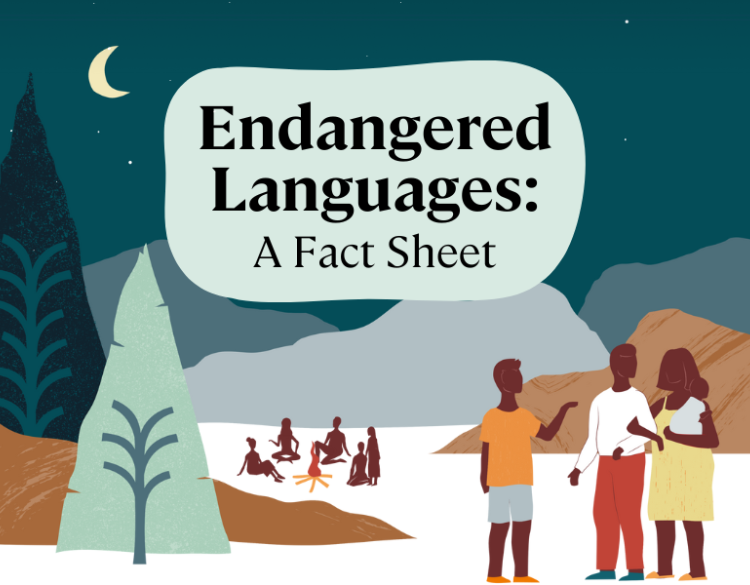 Drawing of people sitting around a campfire and standing in a group, in colorful organic style. Text reads "Endangered Languages: A Fact Sheet"