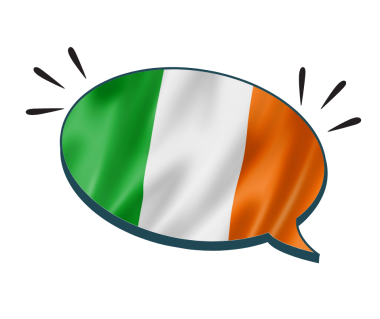 A speech bubble with the Irish flag inside it.