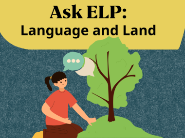 Cartoon of a woman kneeling by a tree and placing her hand on the roots. There is a speech bubble from the woman and the tree.