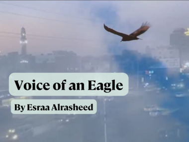 Photo of an eagle flying over a smoky city, with text "Voice of an Eagle by Esraa Alrasheed"