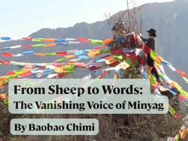 A photo of a young man hanging colorful Tibetan prayer flags on a tall pole, in front of a mountain. Text "From Sheep to Words: The Vanishing Voice of Minyag, by Baobao Chimi" is at the bottom.