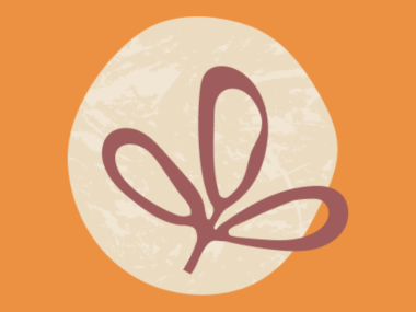 An orange graphic with a leaf