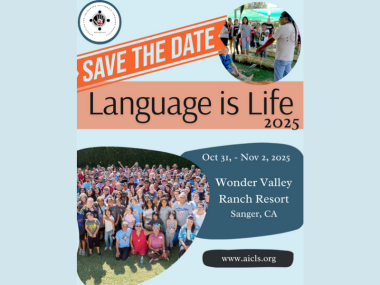 Save the date: Language is Life, with photo of a group of people
