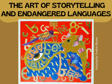 A colorful red and blue painting of a tiger with a bird sitting on its back. They are surrounded by devanagari characters. 