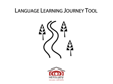 White graphic with a black illustration of a path among trees. Text at top reads "Language Learning Journey Tool" and at the bottom is the NEȾOLṈEW̱ Collective's logo.