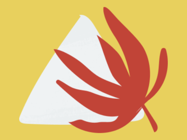 Yellow graphic with red leaf and grey triangle