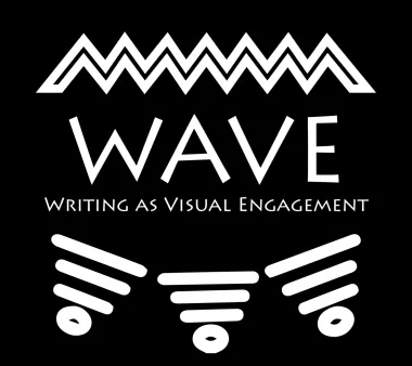 Black and white graphic with abstract zigzag and lines logo, and text "WAVE: Writing As Visual Engagement"