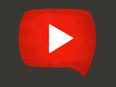 An illustrated red video play button on a dark grey background