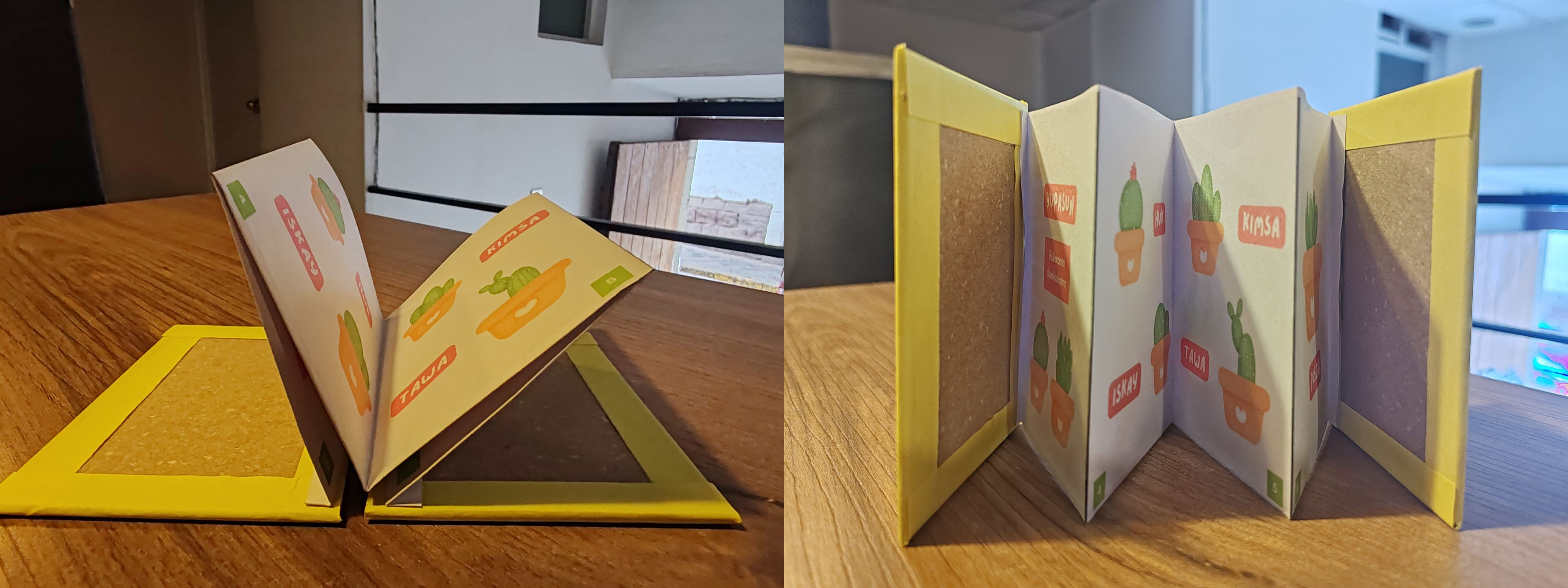 Two photos of a zine about counting in Quechua, folded and sitting on a desk
