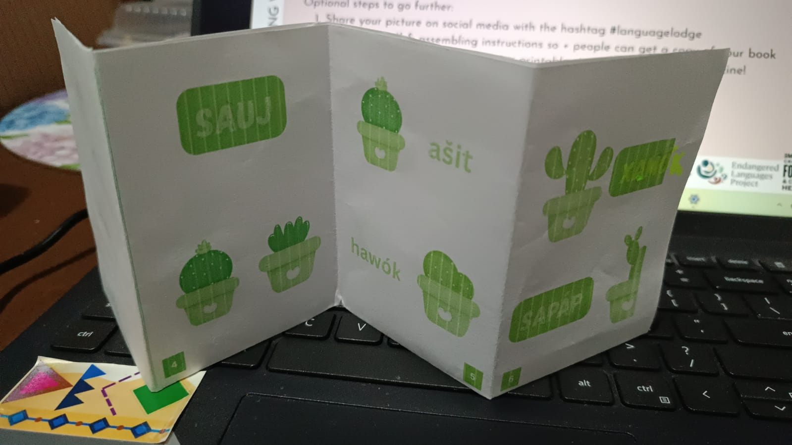 The Sauj zine printed and folded on a laptop displaying the Language Lodge workshop.