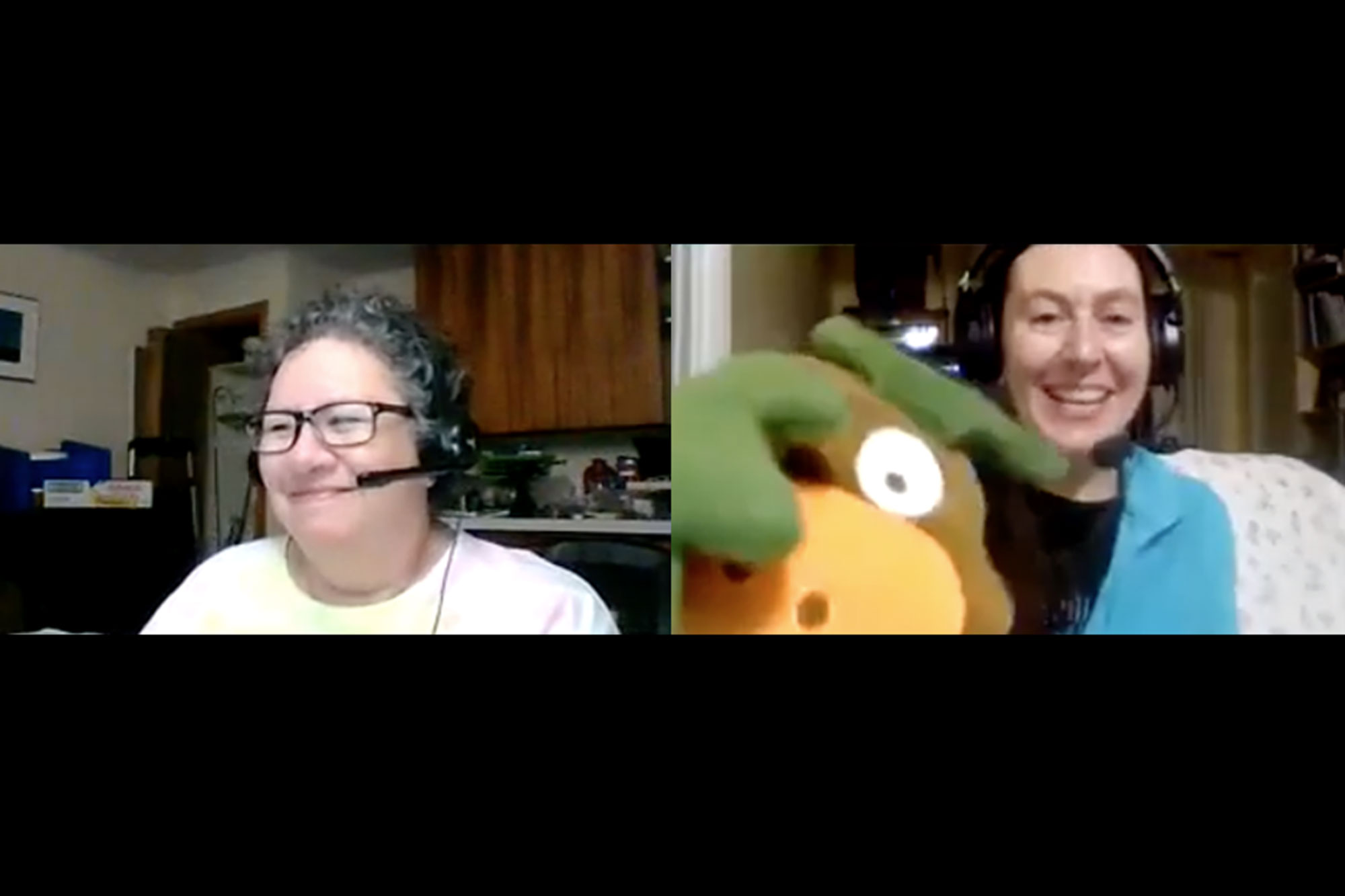 A Zoom screenshot of two women on a call. The woman on the right is holding a puppet. Both are smiling.