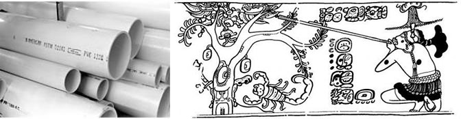 On the left, a photo of plastic PVC pipes; on the right, a Maya glyph portrayal of a blowgun