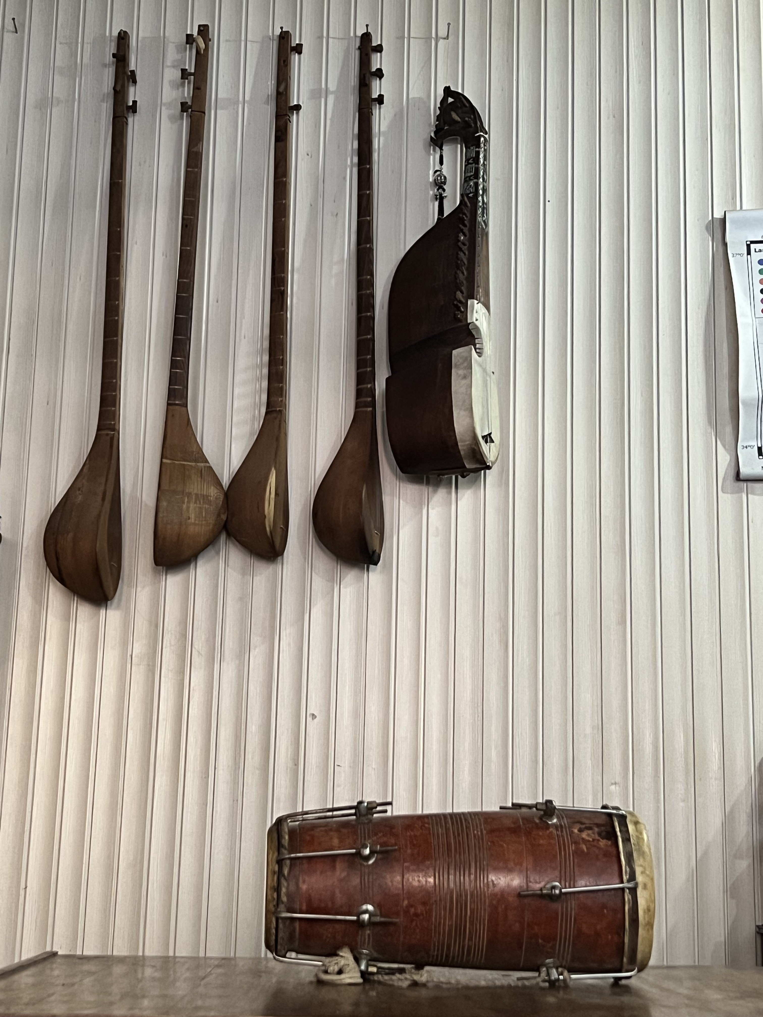 Torwali musical instruments: four sitars, rabab, and dhumam.