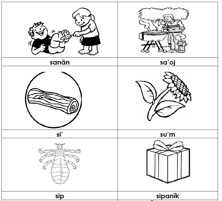 Cartoons of activities and objects with Kaqchikel words beneath each cartoon
