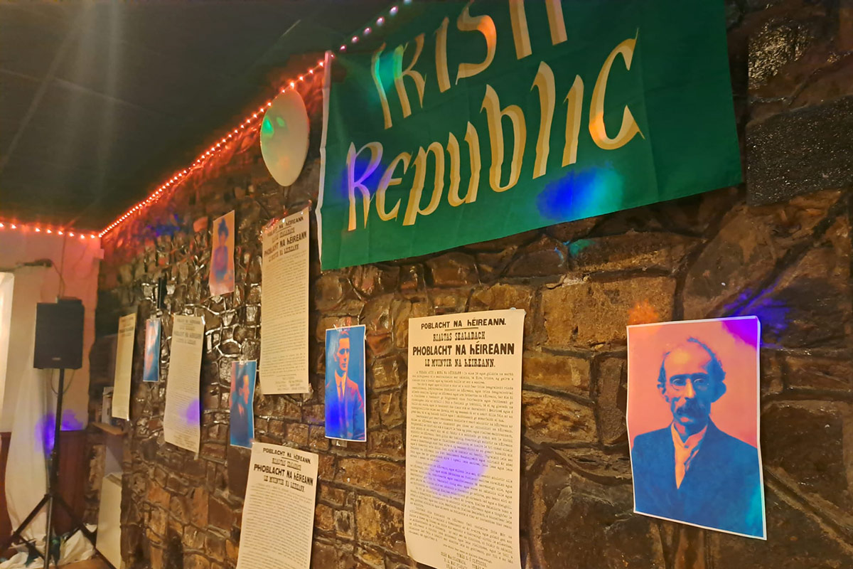 The interior of a nightclub with Irish Republic decorations on the walls
